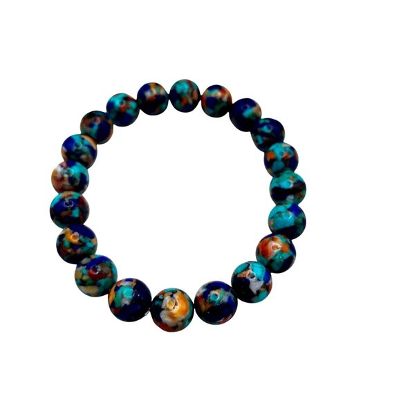 Spiny Oyster Turquoise Lapis Mosaic Composite Royal Blossom Stone Bead Bracelet - Picture 5 of 7